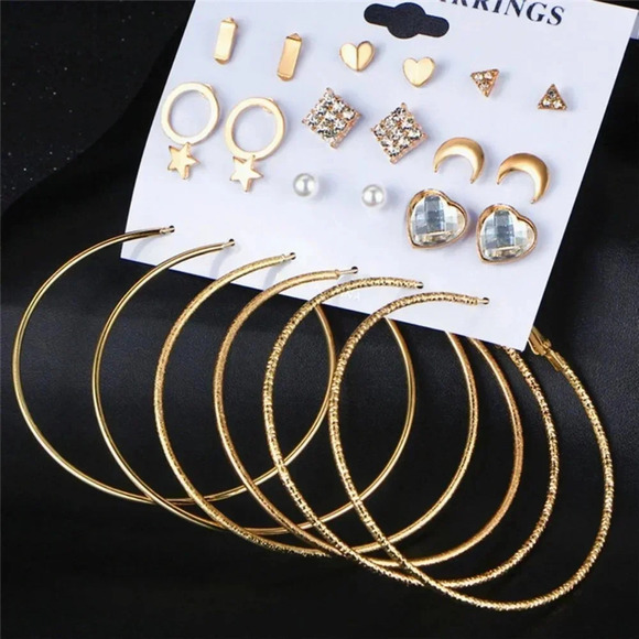 🌸12 Pair 14k Gold Plated Geometric Crystal Stud Earring Set Mix for Women, F271 - Picture 2 of 6